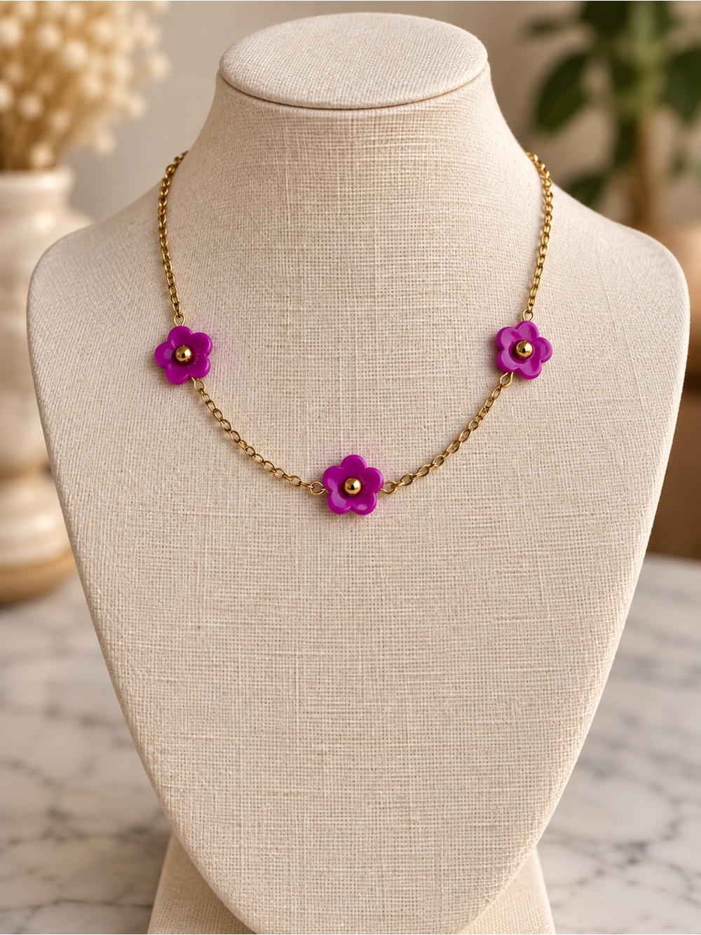Gold Chain Necklace with Pink Flower Charms - Women Jewelry